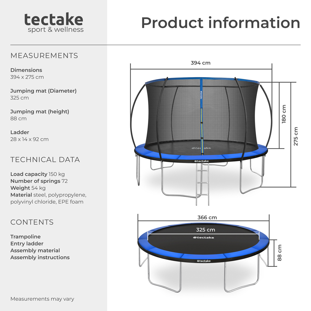 tectake Black and Blue Tear Resistant Trampoline 394 x 394cm Image 9