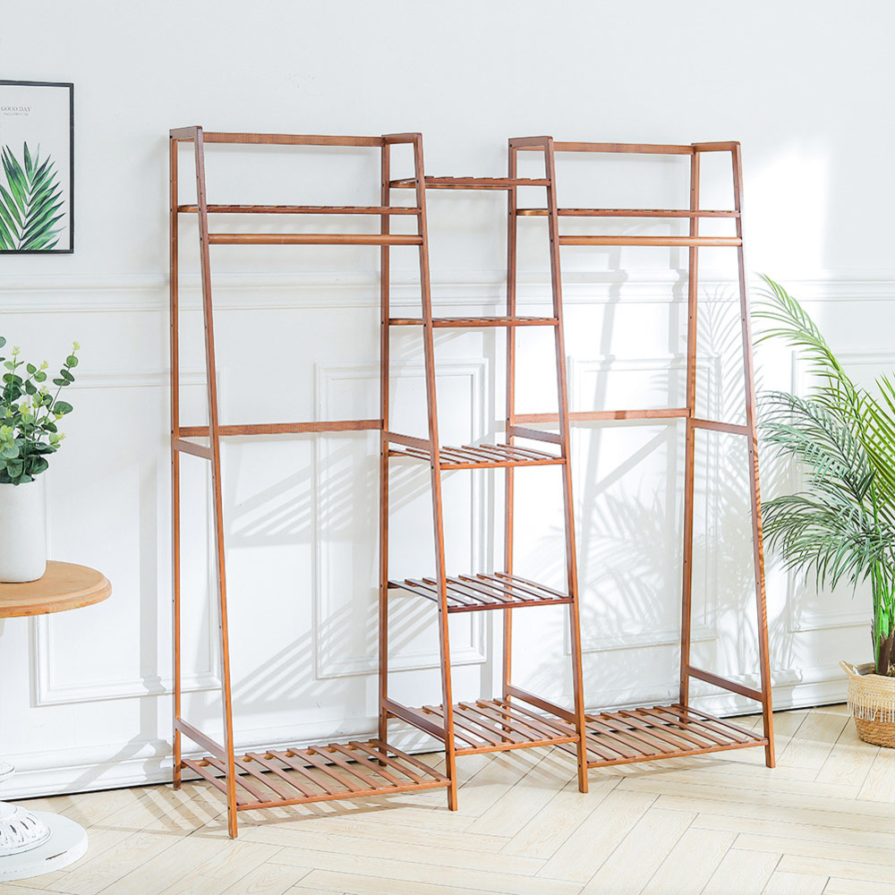 Living and Home Multi-Tier Brown Bamboo Clothing Rack with Storage Shelf Image 7