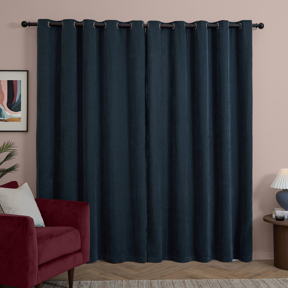 Furn Navy Soft Chenille Blackout Eyelet Curtains 168 x 137cm Image 2