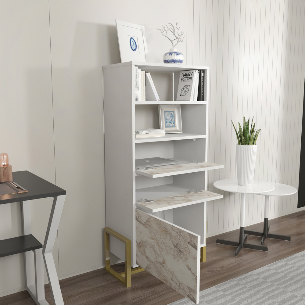 Decorotika Utopie 3 Door 2 Shelf White and White Marble Effect Modern Bookshelf Image 7