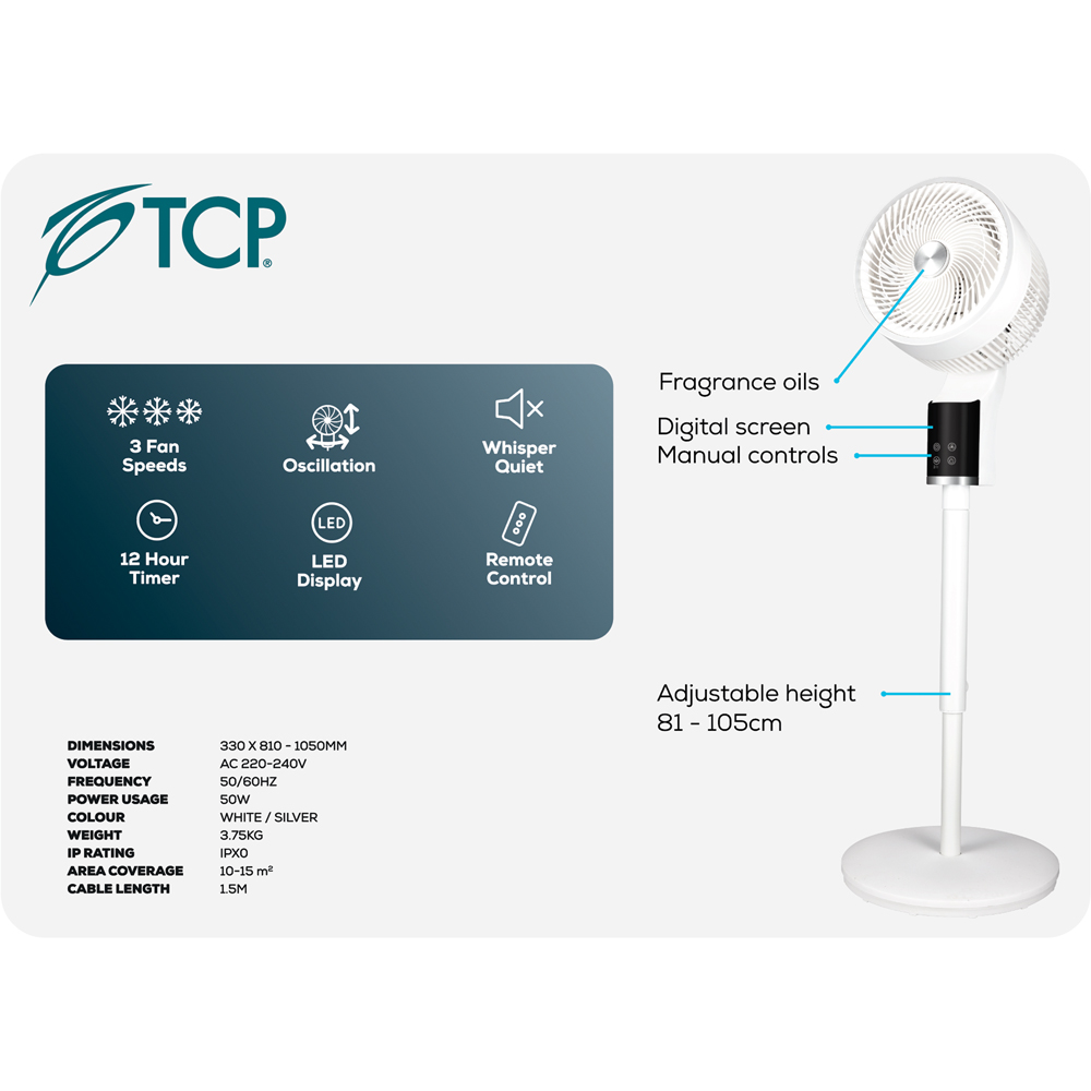 TCP White Quiet Powerful Cooling 3D Oscillation Remote Control Pedestal Fan Image 7
