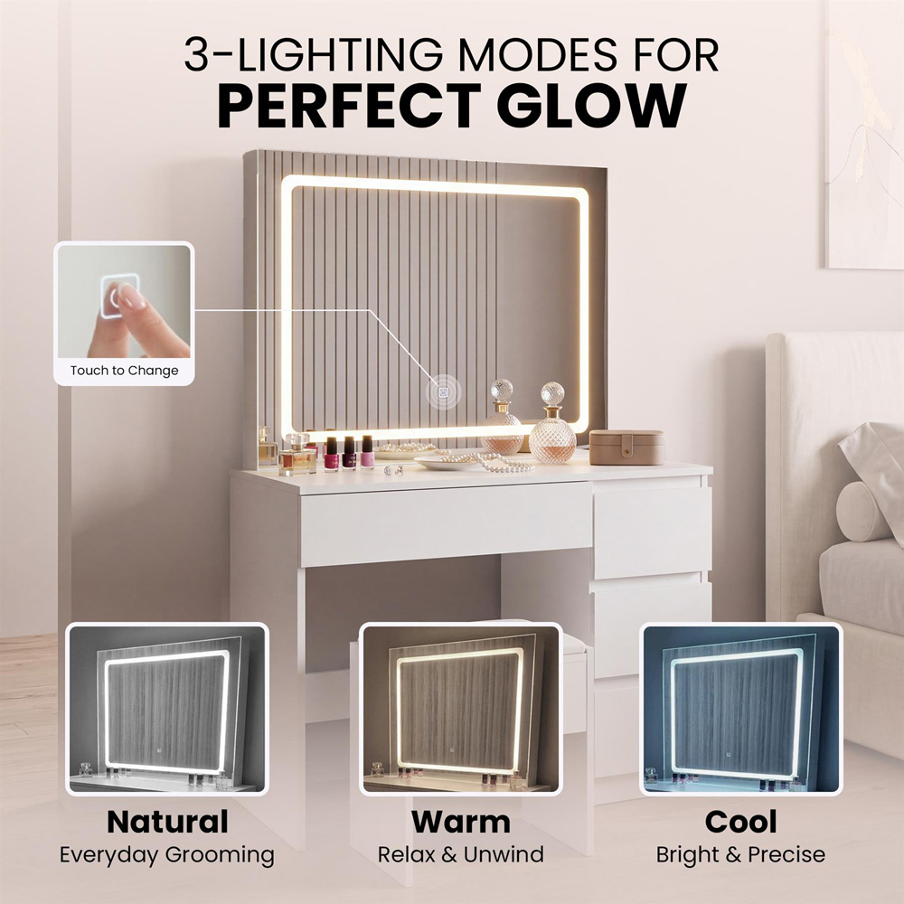 Portland 4 Drawer White Dressing Table Set with LED Mirror Image 8