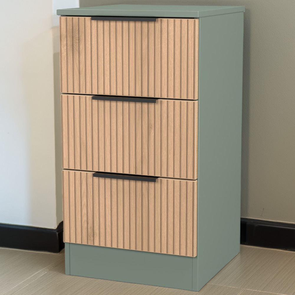 Crowndale Java 3 Drawer Slatt Effect and Reed Green Bedside Cabinet Image 1
