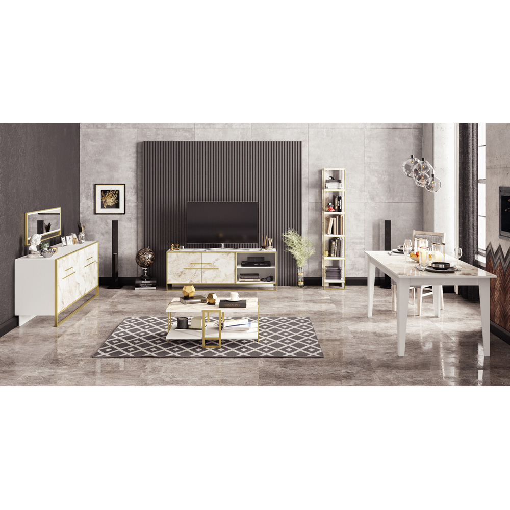 Decorotika Polka 2 Door White Marble and Gold TV Unit Image 4