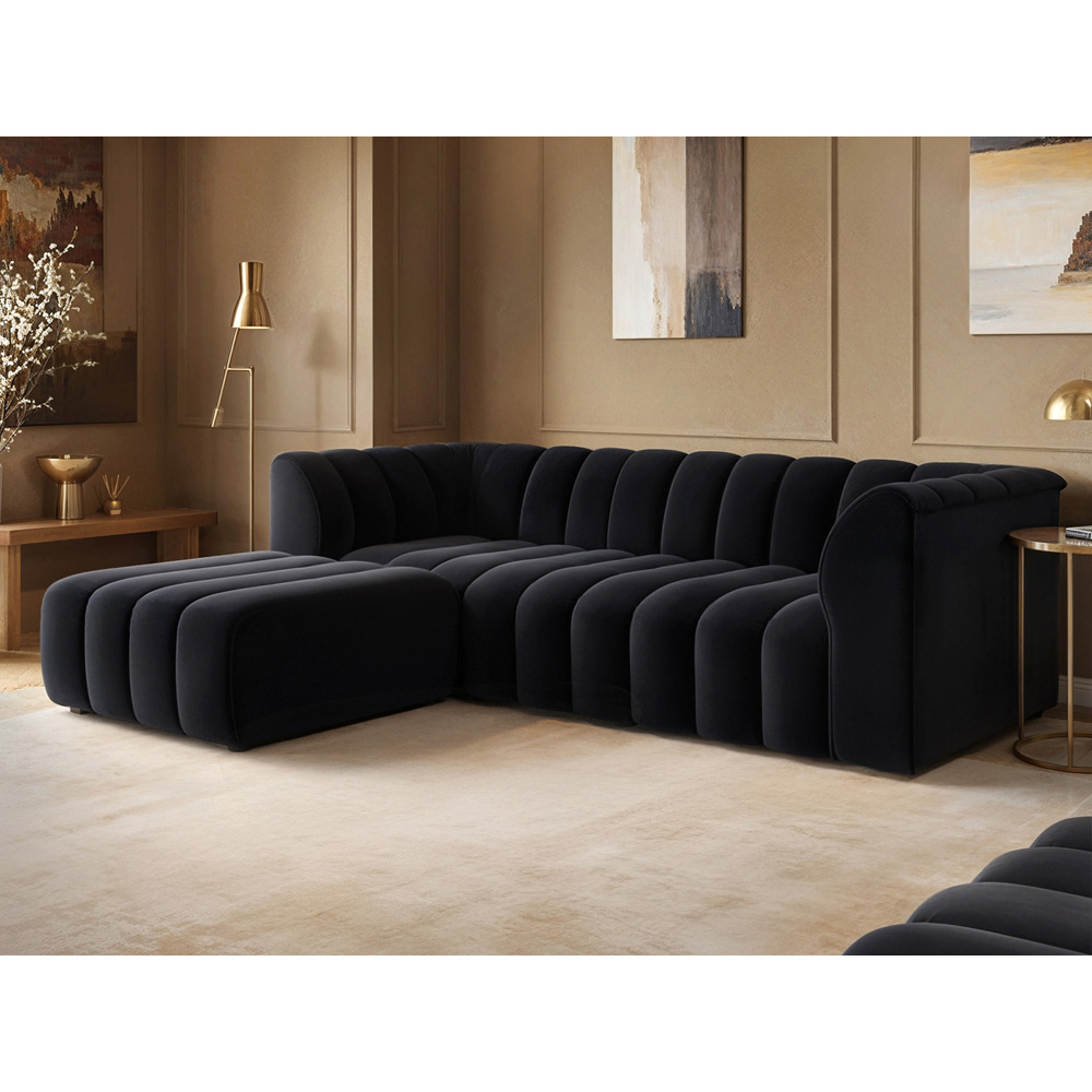 Solace+Co Halle 3 Seater Black Velvet Sofa with Footstool Image 4