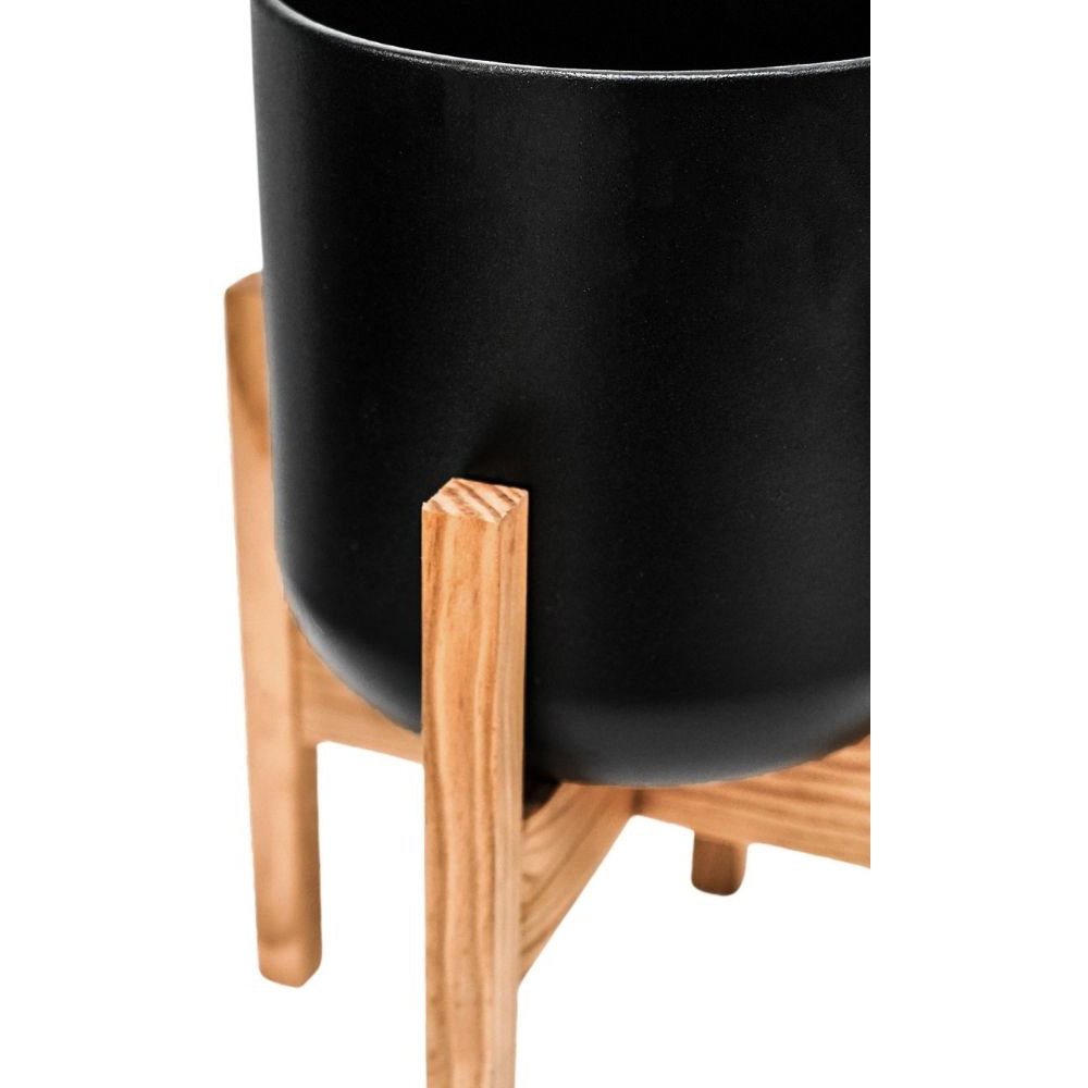Ivyline Lisbon Black Plant Pot with Wooden Stand 20.5cm Image 3