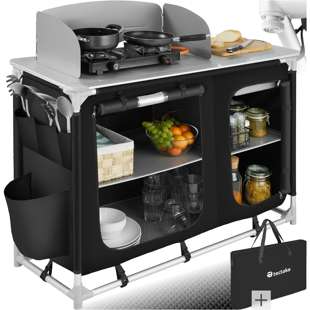 tectake Black Foldable Camping Kitchen with 4 Compartments Image 2