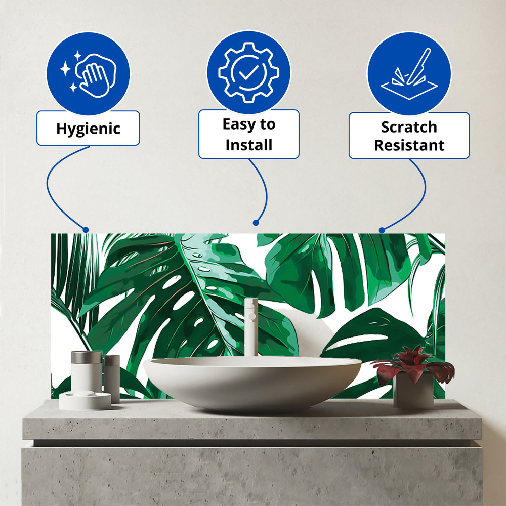 Warren Reed Designer Tropical Jungle Leaf Pattern Glass Bathroom Splashback 25 x 60cm Image 3