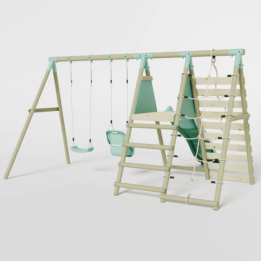 Mercia Wooden Round Pole Single Swing and Baby Seat Swing Set with Climbing Wall and Slide Image 4