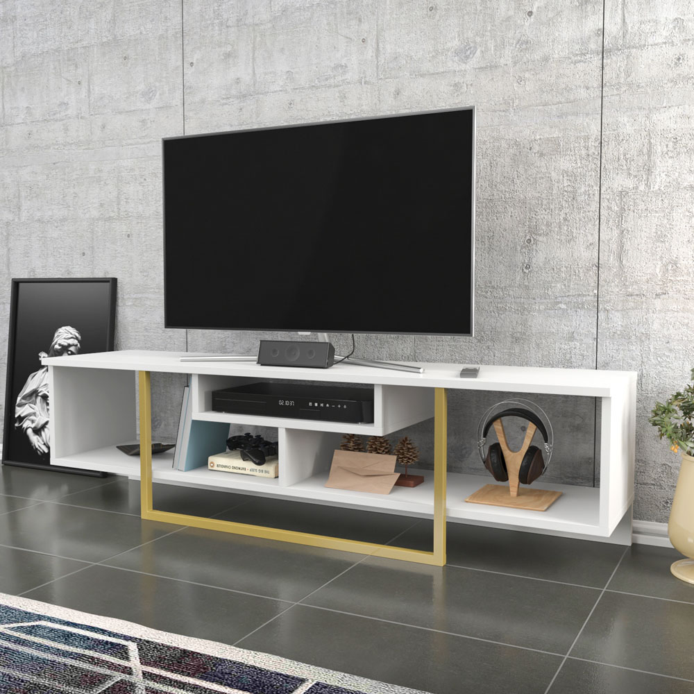 Decorotika Asal 3 Shelf White and Gold Modern TV Unit Image 5