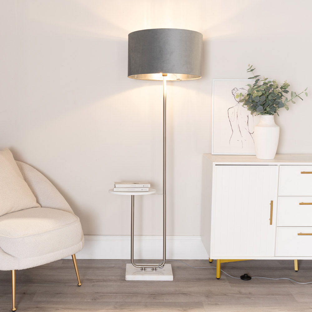 ValueLights Tavel Chrome LED Floor Lamp Table with Grey and Chrome Velvet Lamp Shade Image 3