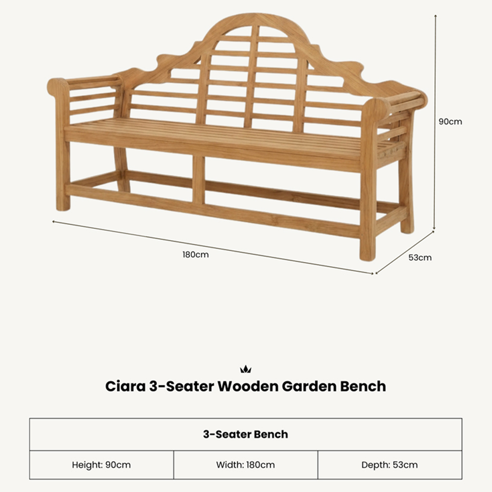 Royalcraft Ciara 3 Seater Curved Lattice Backrest Acacia Wood Garden Bench Image 8