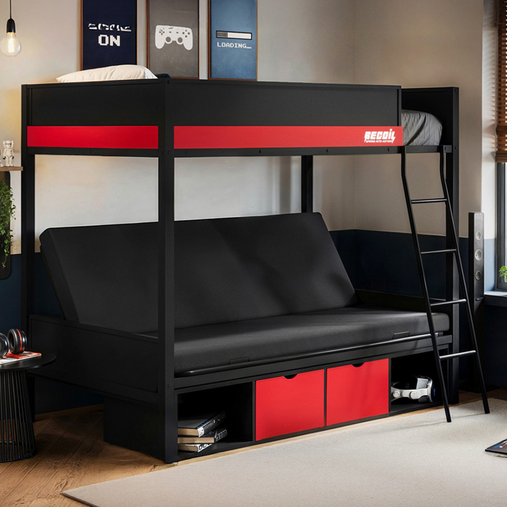 Flair Nova Black and Red Storage Gaming Metal Bunk Bed with Futon Image 1