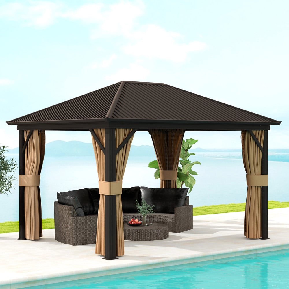 Outsunny 3.6 x 3m Brown Metal Hard Top Gazebo with Screened Curtain Image 1