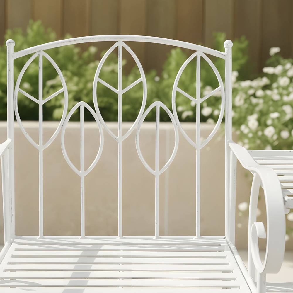 Charles Bentley 2 Seater Antique White Rustic Metal Leaf Pattern Garden Companion Seat Image 7