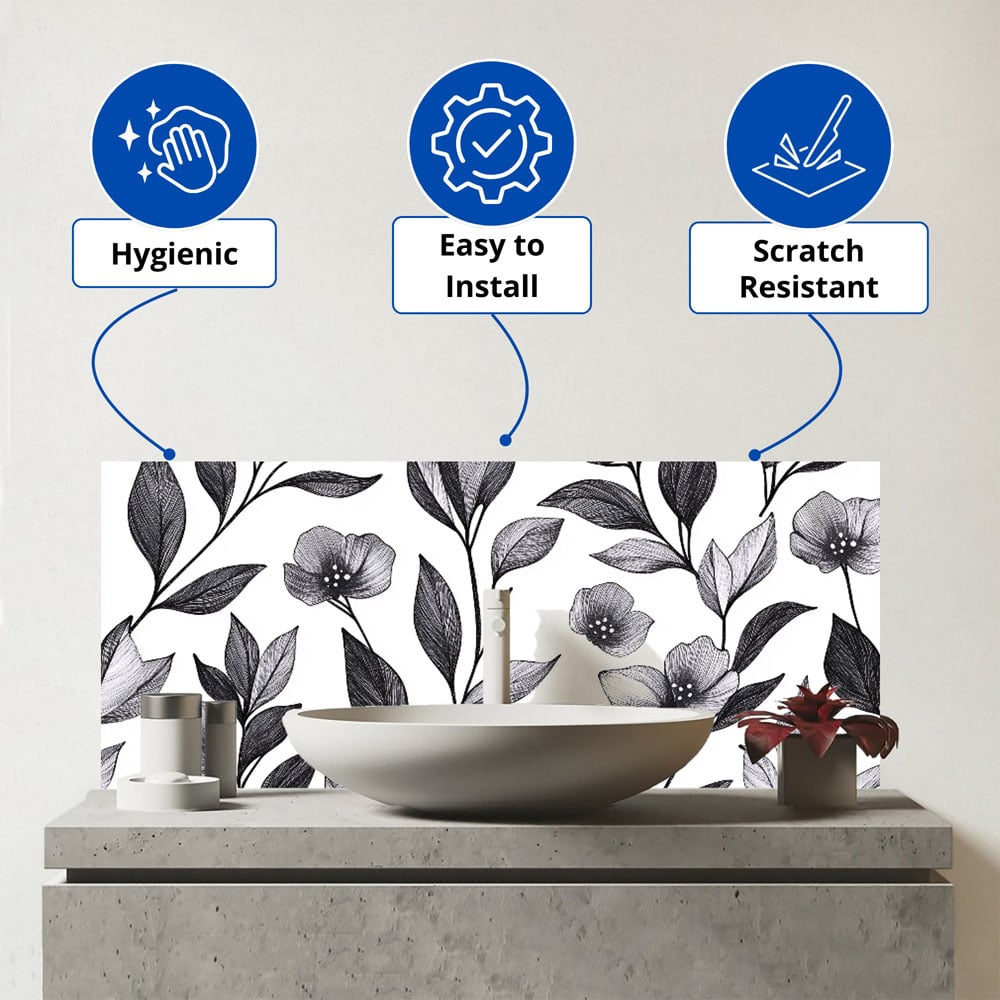 Warren Reed Designer Hand Drawn Leaves and Flowers Glass Bathroom Splashback 25 x 60cm Image 3