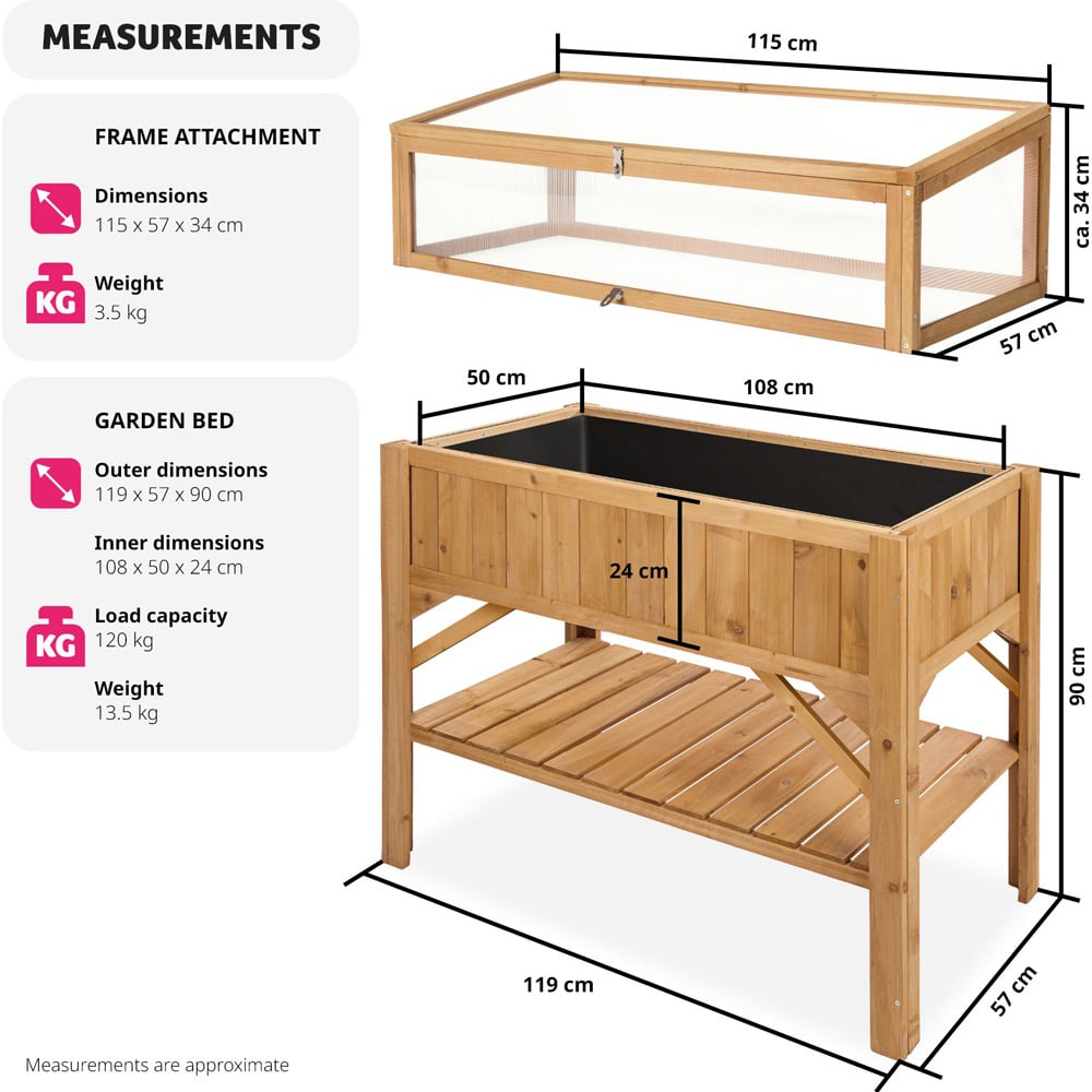 tectake 57 x 119cm Wooden Raised Garden Bed with Storage Shelf and Cold Frame Attachment Image 9