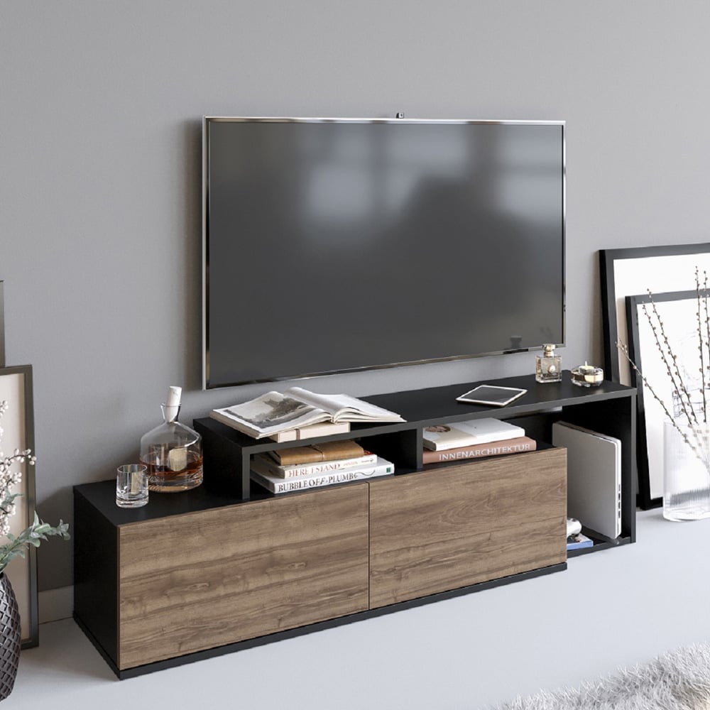 Decorotika Nexera 2 Door Black and Walnut Wide TV Stand Image 4