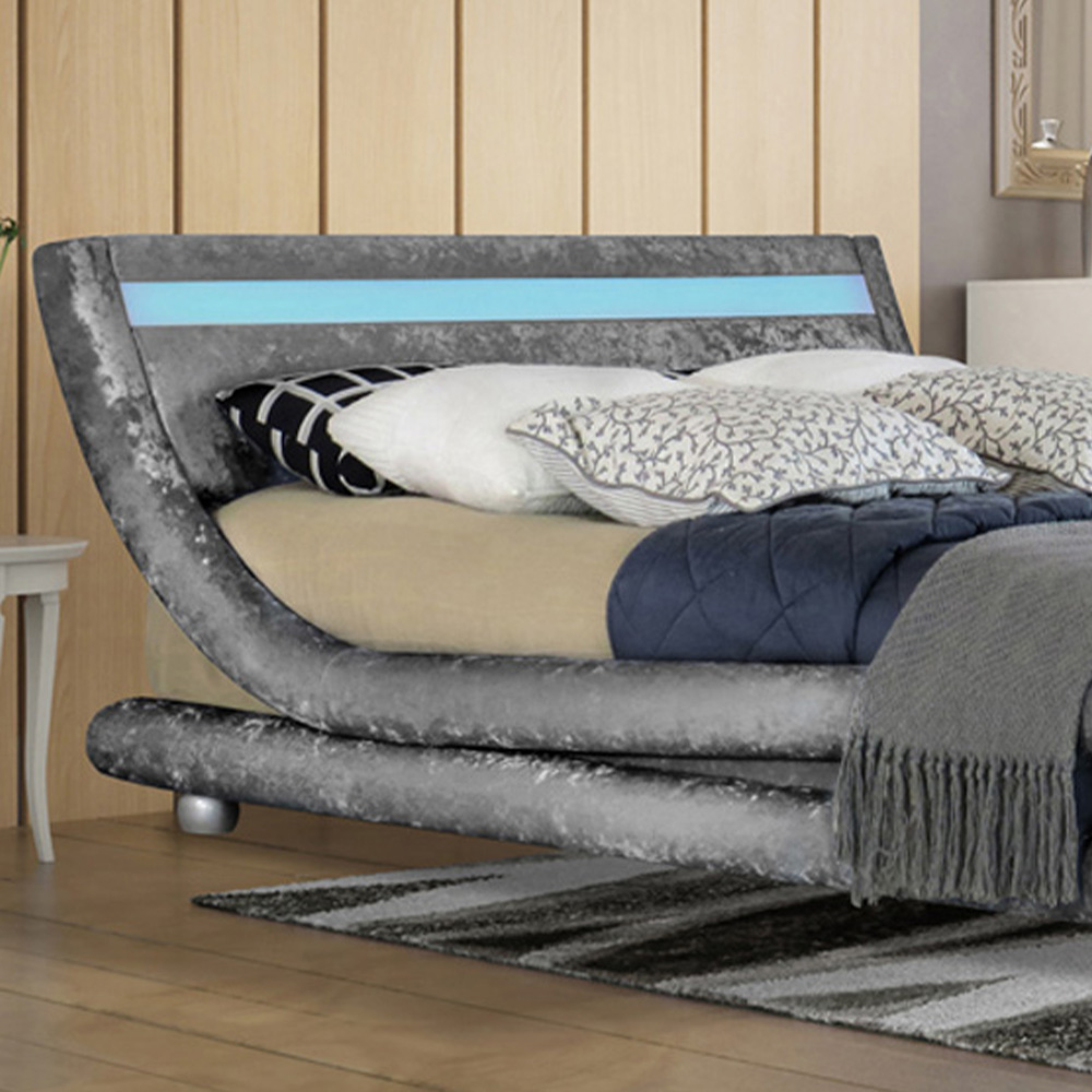 Brooklyn Modern Curved Double Silver Crushed Velvet Bed Frame with LED Image 2
