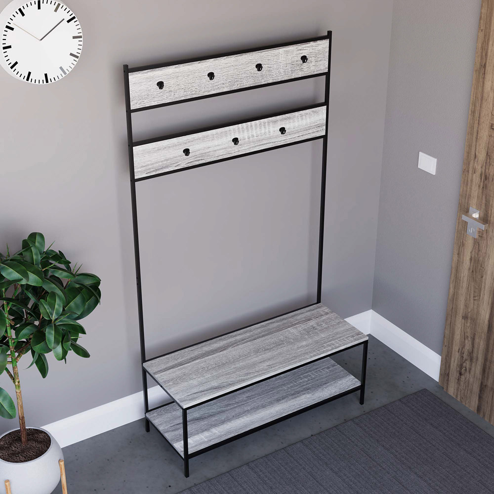 Vida Designs Brooklyn Grey Industrial Hallway Coat Rack Shoe Bench Unit Image 7