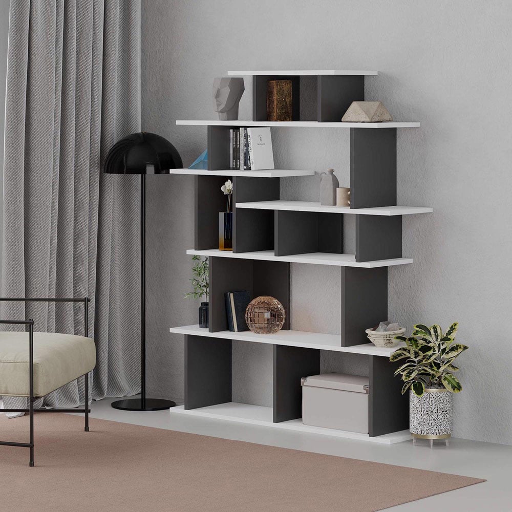 FWStyle Apollon 7 Tier White and Grey Wide Bookcase Shelving Unit Image 5