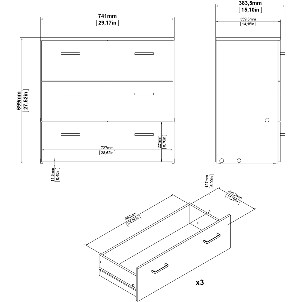 Florence Space 3 Drawer White Chest of Drawers Image 7