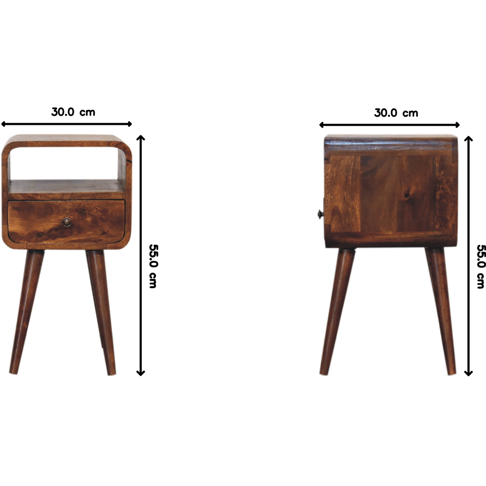Artisan Furniture Mini Chestnut Single Drawer Single Shelf Mango Wood Curved Open Bedside Table Image 8