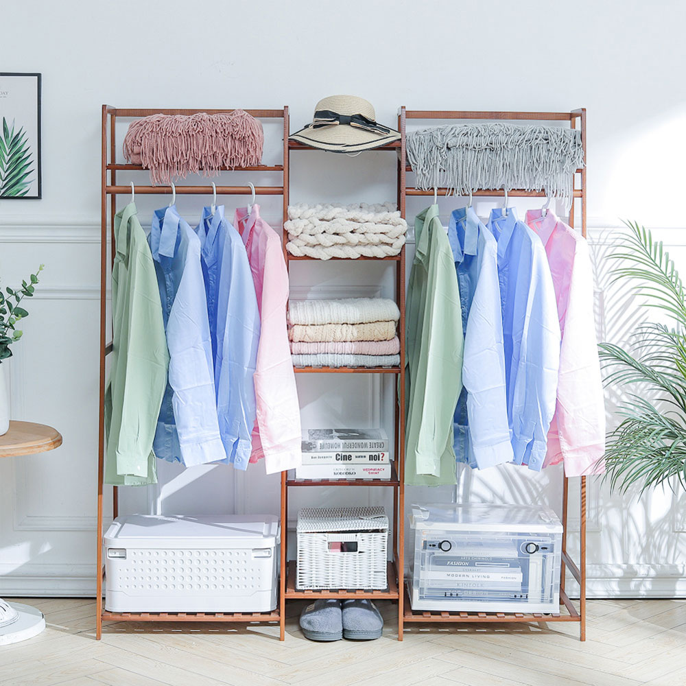 Living and Home Multi-Tier Brown Bamboo Clothing Rack with Storage Shelf Image 5