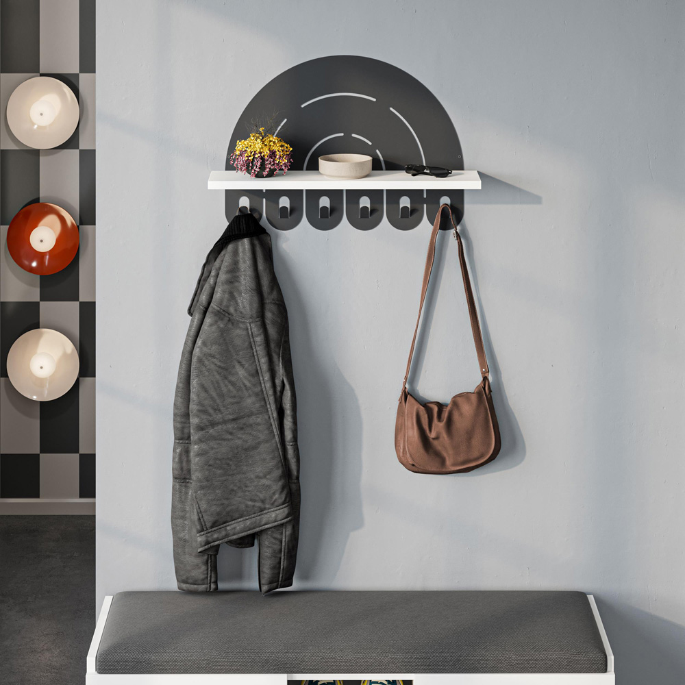 Decortie Black and White Rainbow Wall Hanger with 6 Hooks and Display Shelf Image 5