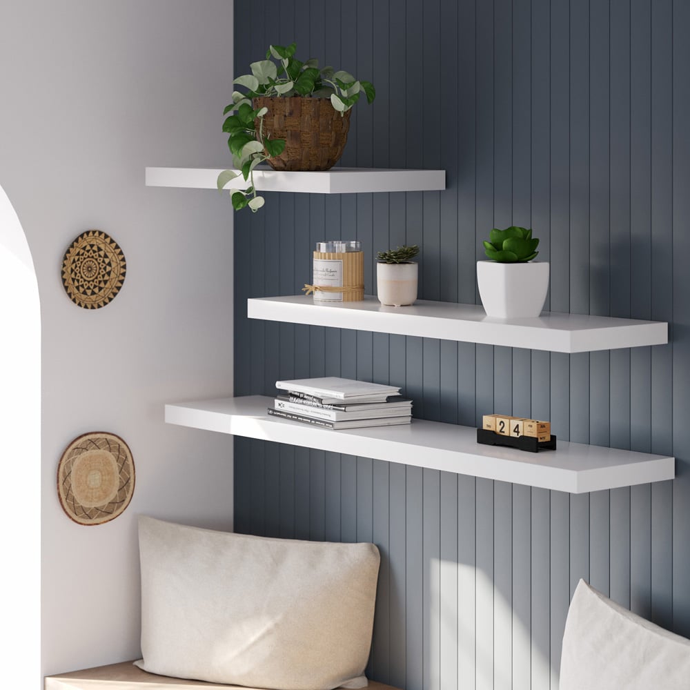 Homebase 120cm 2 Pack White Gloss Floating Shelf Image 2
