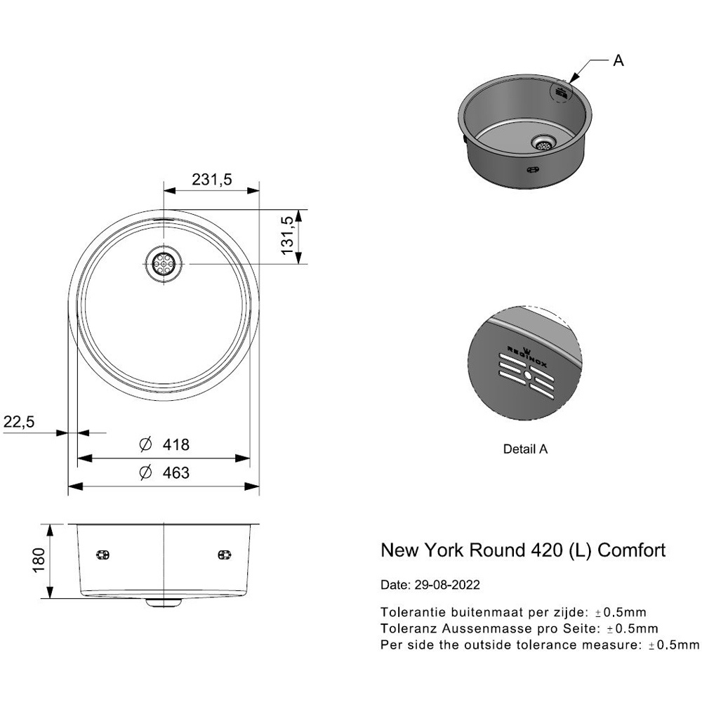 Reginox New York Silver Single Round Bowl Sink 463 x 180mm Image 4