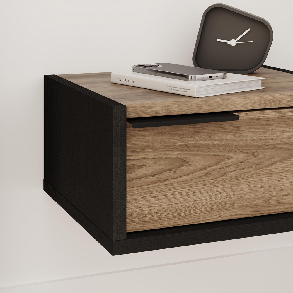 Decortie Eco Single Drawer Black Wood Wall Mounted Bedside Table Image 3
