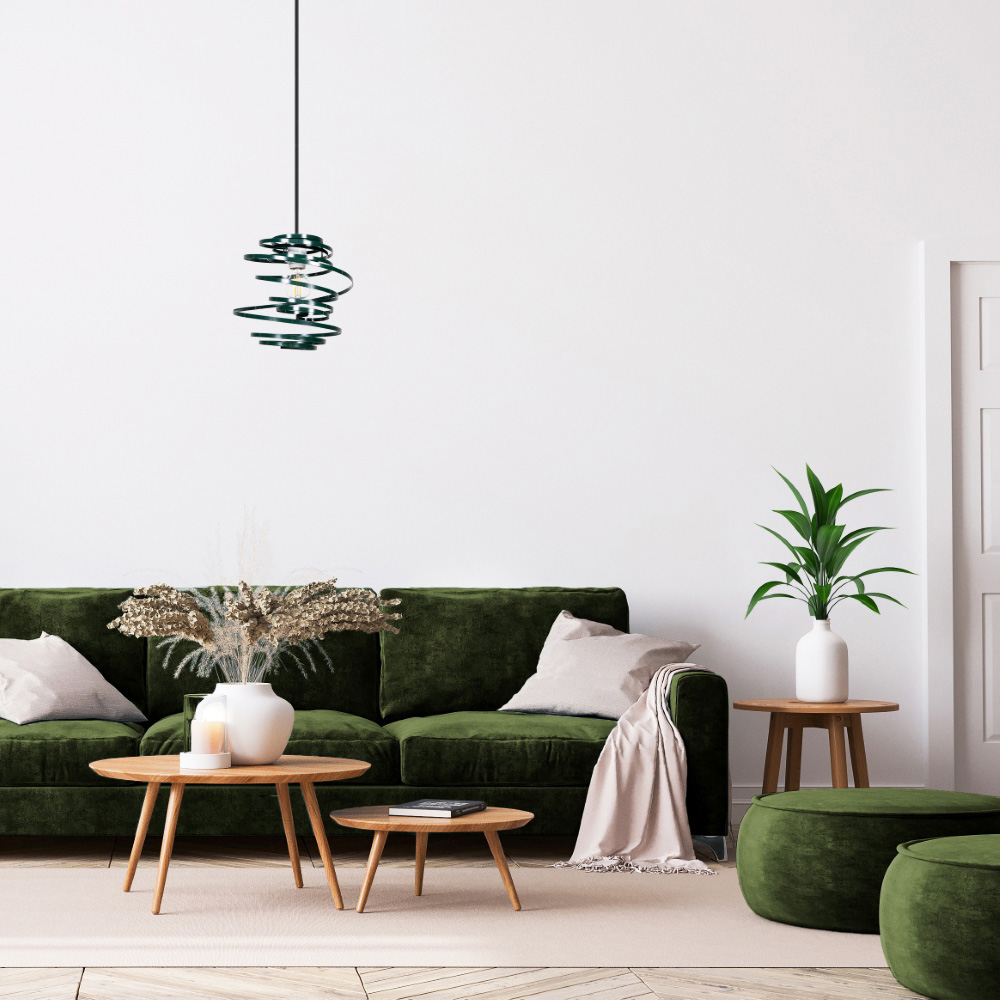 Happy Homewares Forest Green Gloss Metal Double Ribbon Spiral Swirl Pendant Shade Image 2