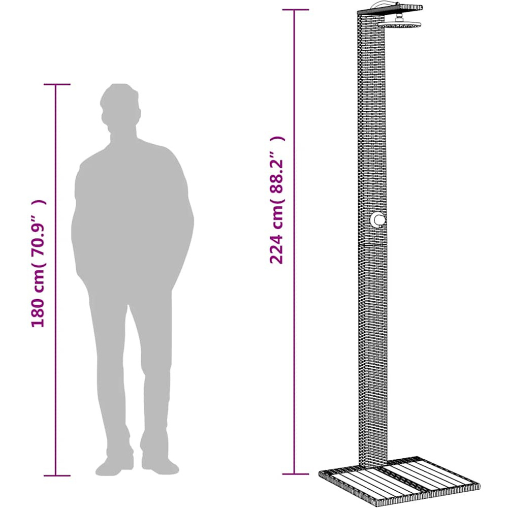 Wallplus Black Poly Rattan and Acacia Wood Outdoor Shower with PVC Hose and Alloy Handle 224cm Image 8