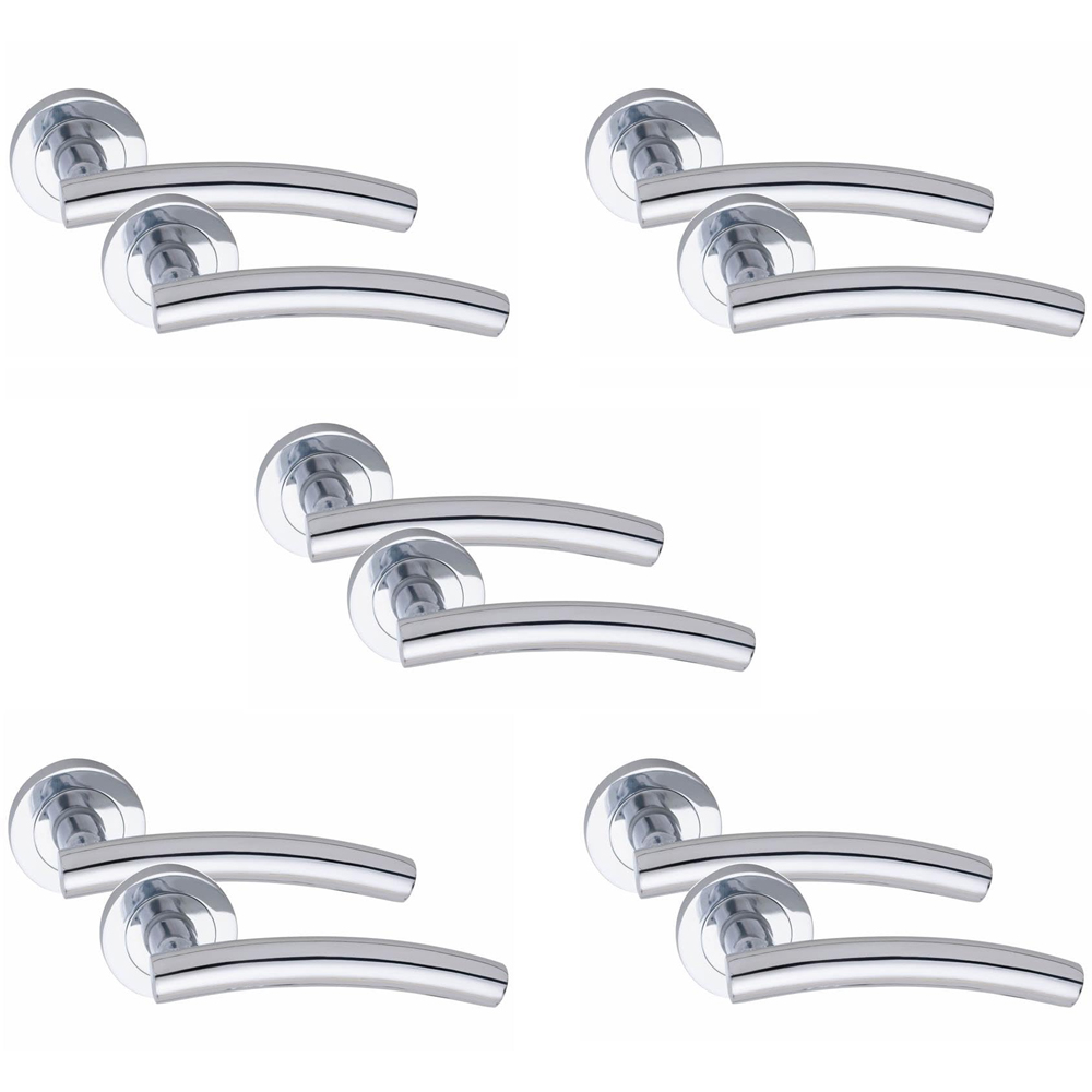 Golden Grace Polished Chrome Arched T-Bar Door Handle with Spindle and Fixing 5 Pack Image 1