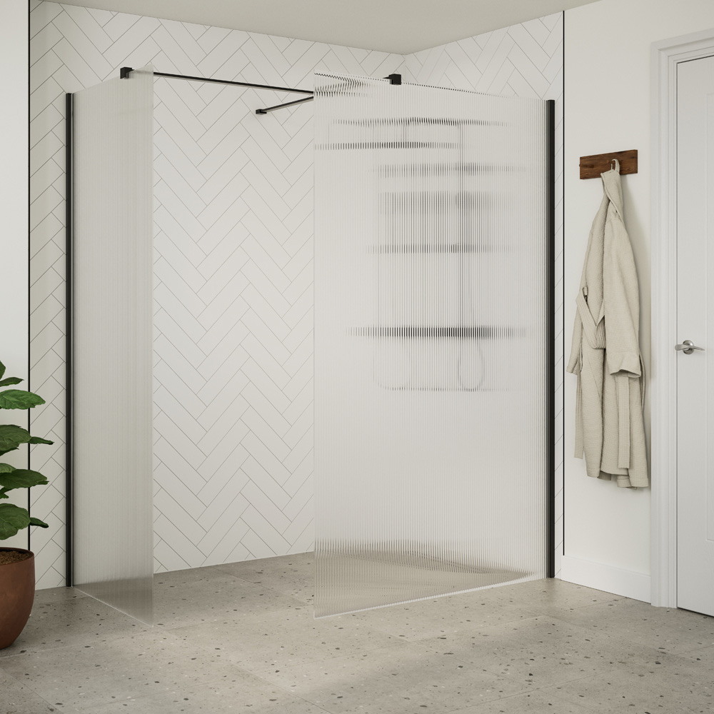 Bathstore Nero Fluted Glass Wetroom Shower Panel with Matt Black Profile and Side Arm 900mm Image 2
