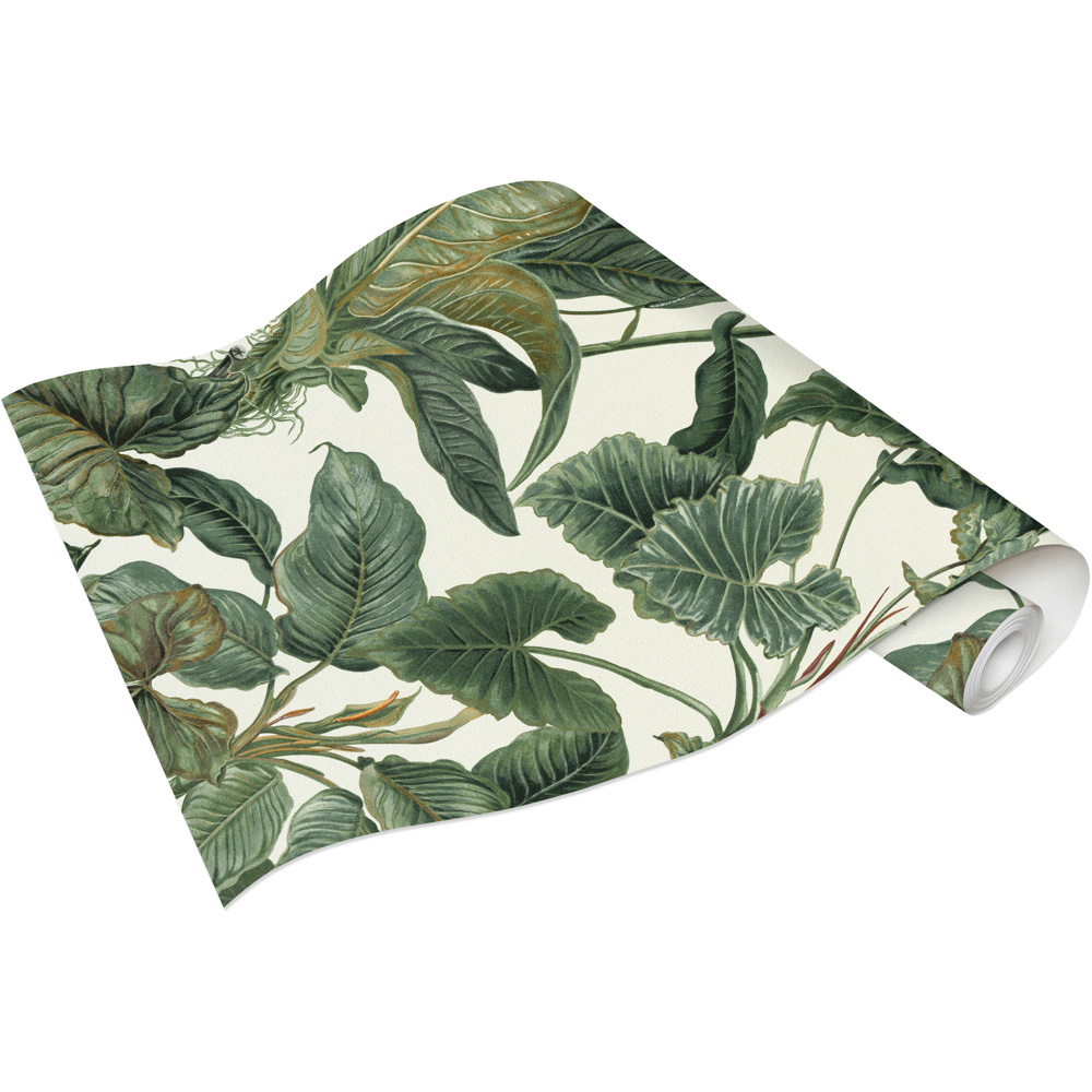 Erismann Paradiso Tropical Leaves White and Green Wallpaper Image 2