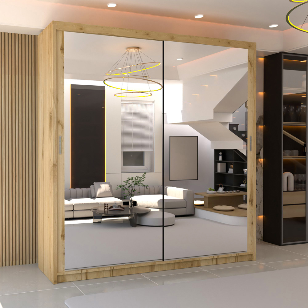 M N Furniture Modern Gala 2 Door Oak Mirrored Sliding Wardrobe 90cm Image 1