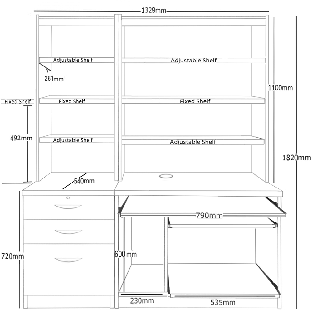 R White Cabinets 3 Drawer Black Set-17 Computer Desk with Bookcase and Printer Shelf Image 5