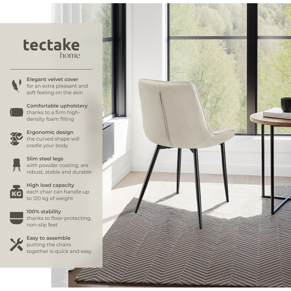 tectake Monroe Set of 4 Cream Velvet Padded Dining Chair Image 8