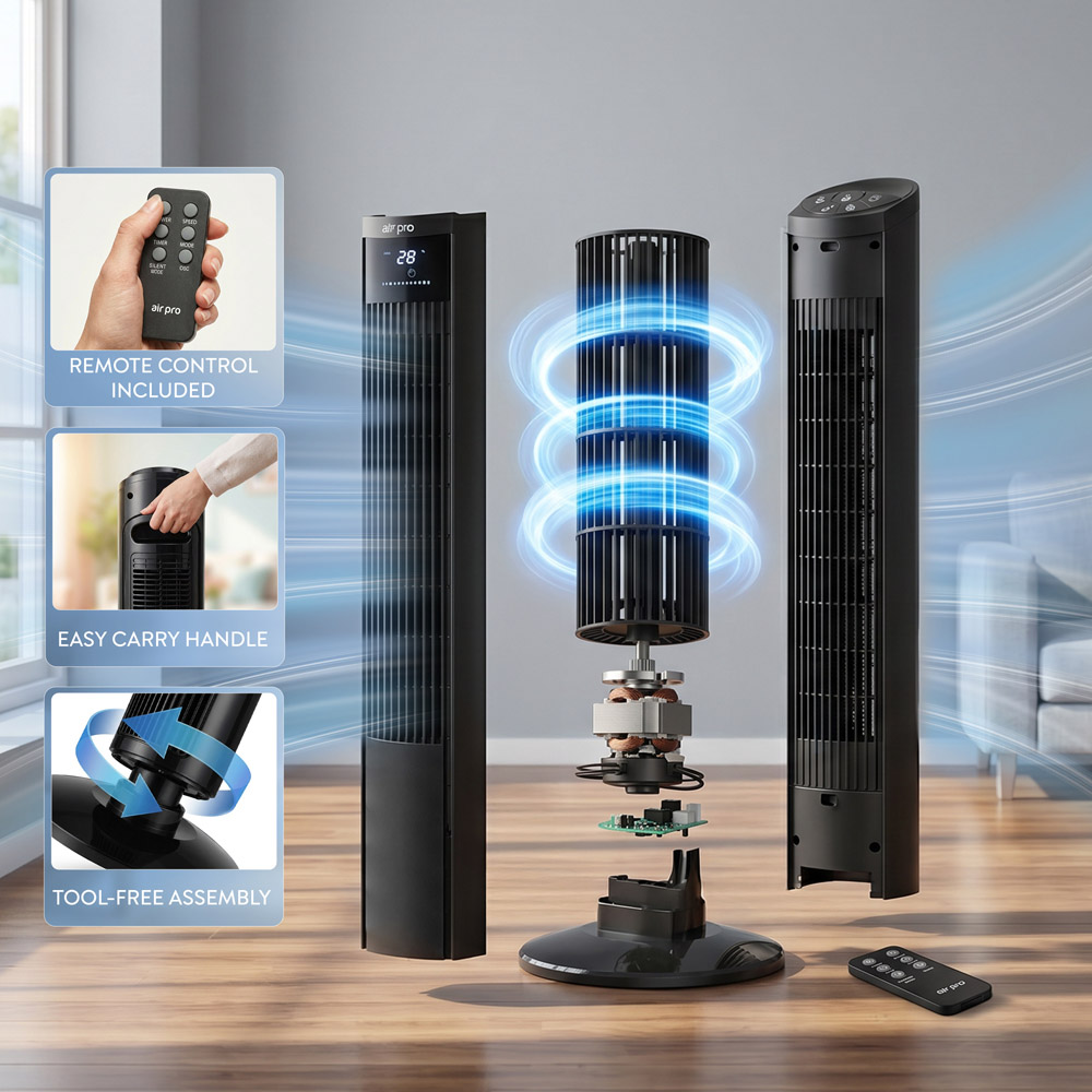 Air Pro Black Oscillating Bladeless Tower Fan with Remote 48 inch Image 4