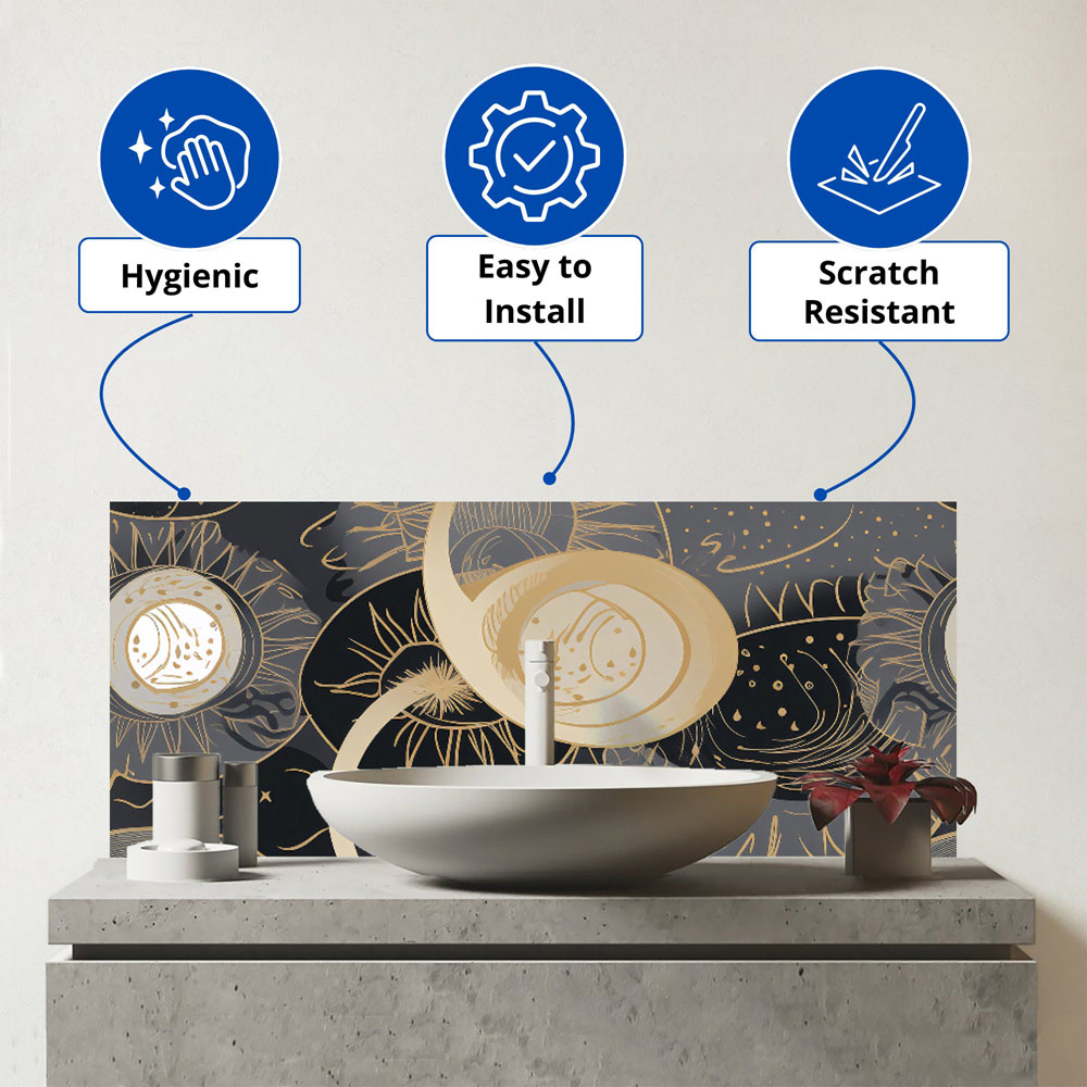Warren Reed Designer Abstract Silver Gold Sun and Moon Glass Bathroom Splashback 25 x 60cm Image 3