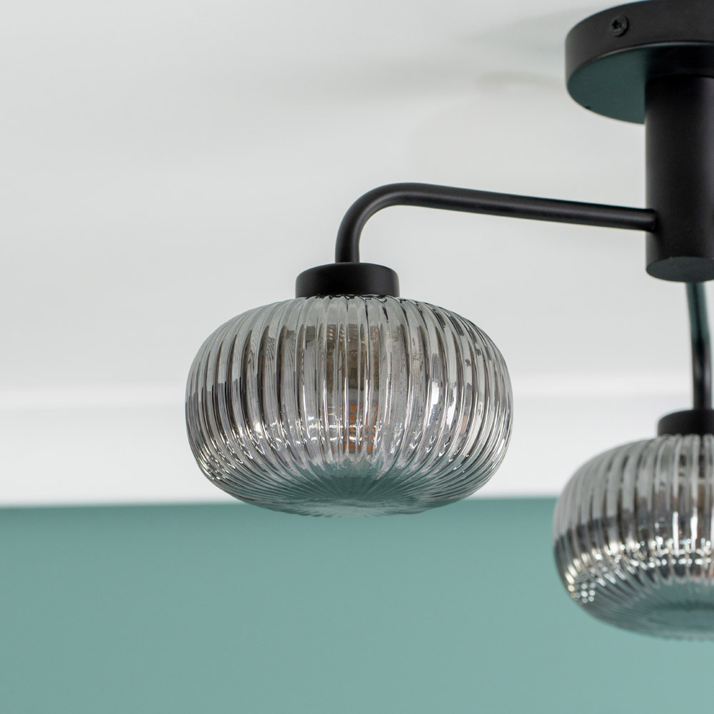 ValueLights Amaia Matt Black 3 Way Smoked Ribbed Glass LED Ceiling Light Image 3