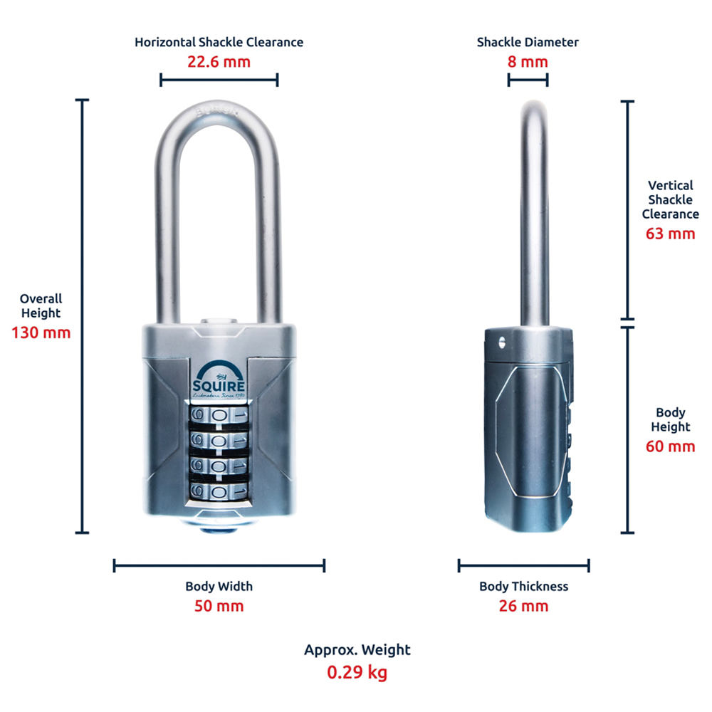 Squire 50mm 4 Wheel Extra Long Boron Shackle Combination Padlock Image 6