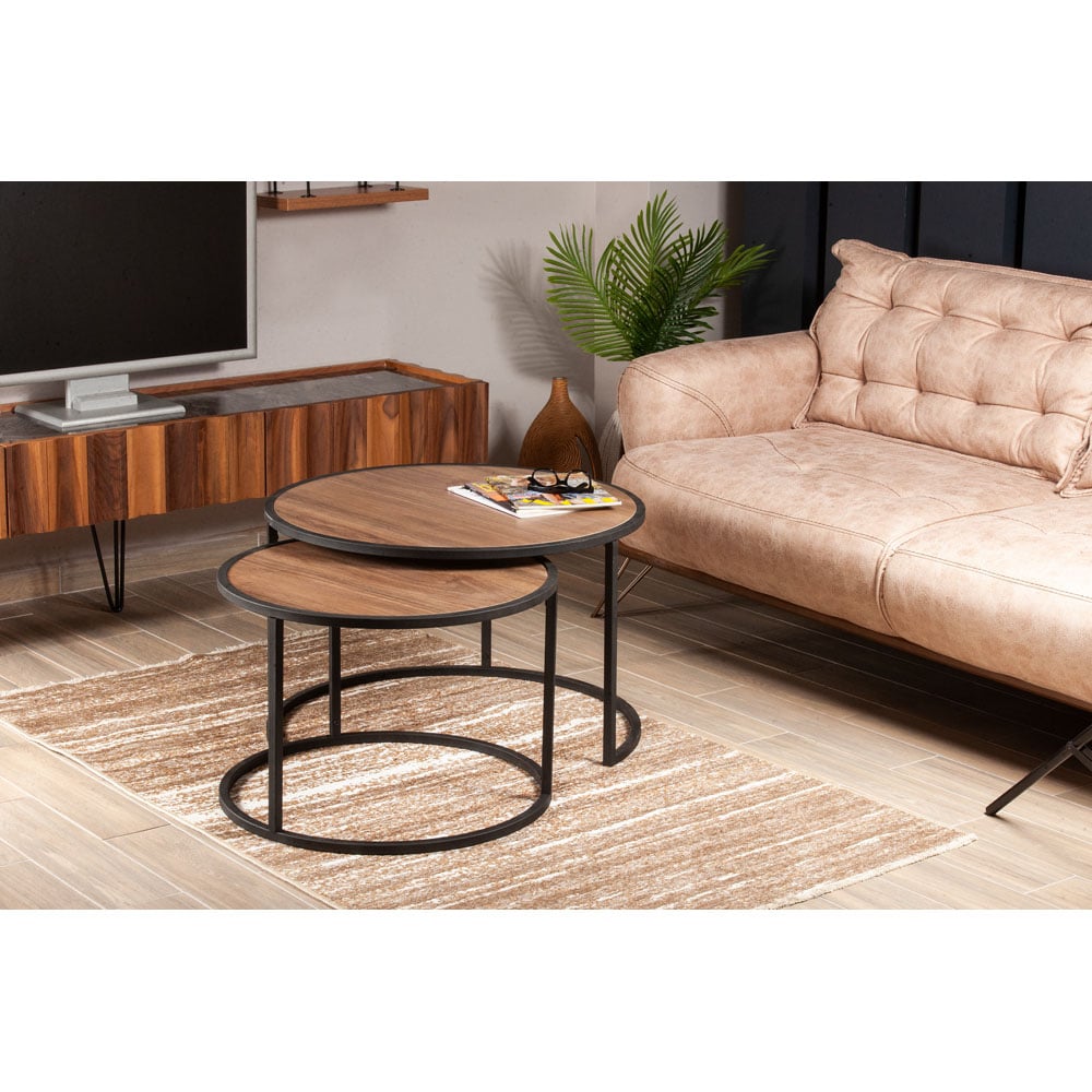 Decorotika Tambur Walnut and Black Round Nest of Coffee Tables Set of 2 Image 5