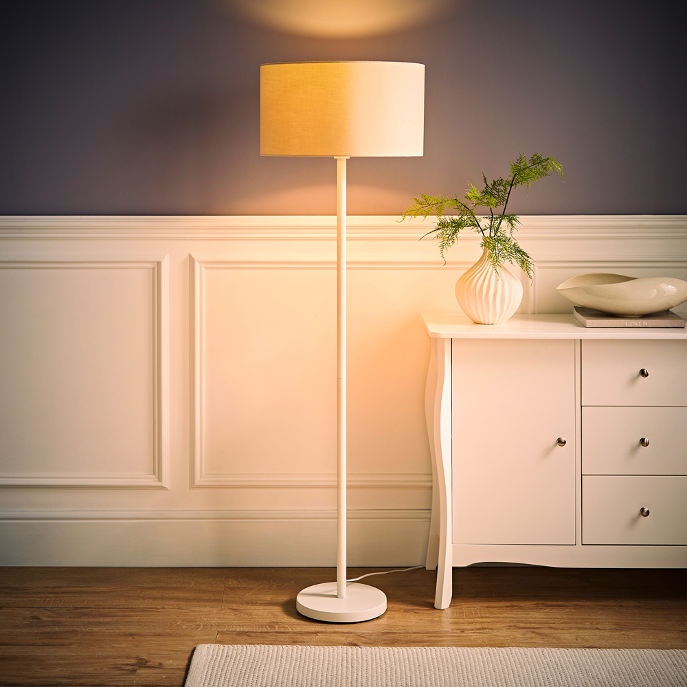 ValueLights Charlie Cream Drum Shade White Floor Lamp and Bulb Image 6