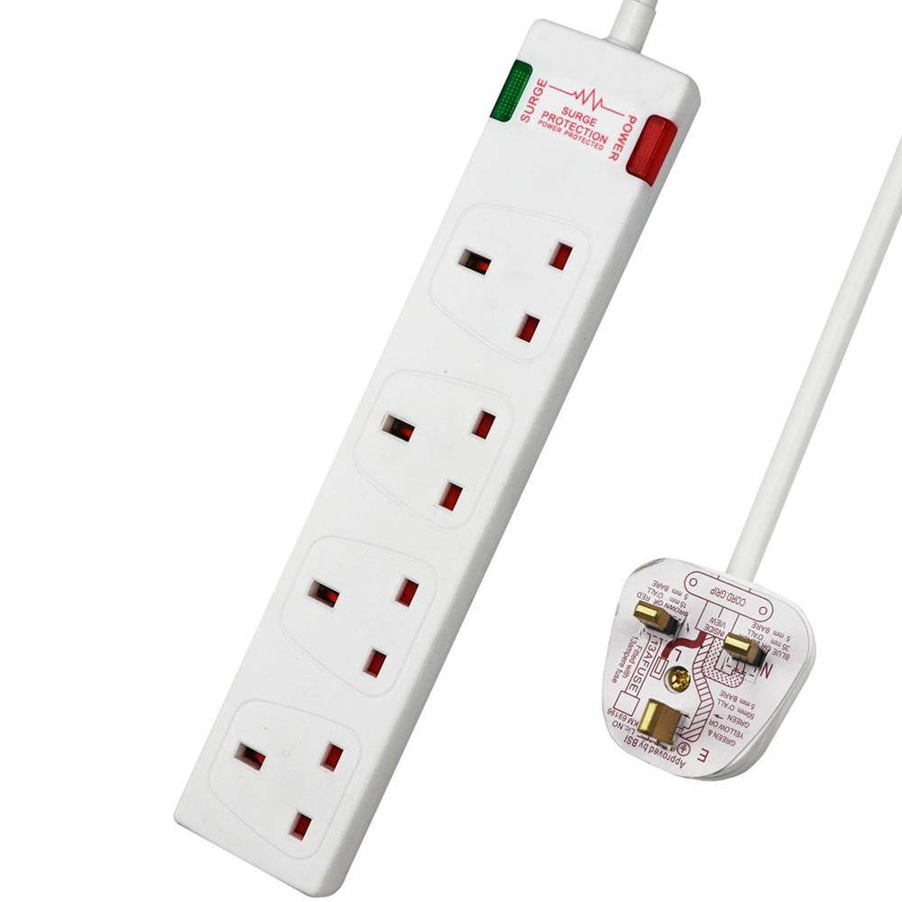 ExtraStar White 13A 1m 4 Socket Surge Protected Extension Lead Image 1