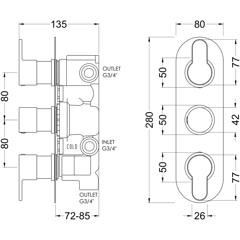 nuie Arvan Brushed Brass Triple Thermostatic Valve with Diverter Image 2