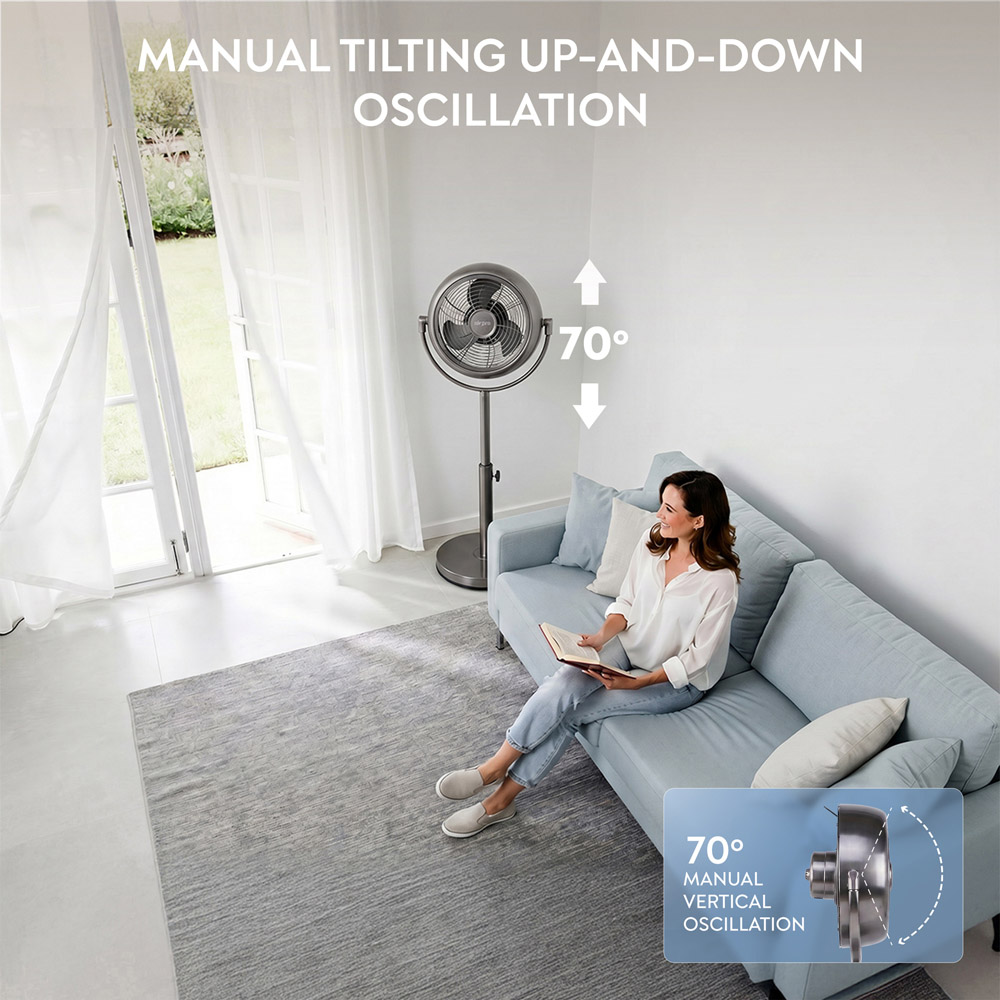 Air Pro Grey Brushed Height Adjustable Oscillating Pedestal Standing Fan with Remote 8 inch Image 3