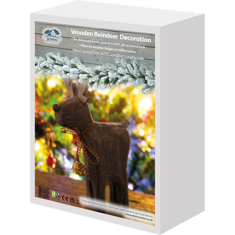 St Helens Light Brown Wooden Brushed Snow Effect Reindeer Image 6